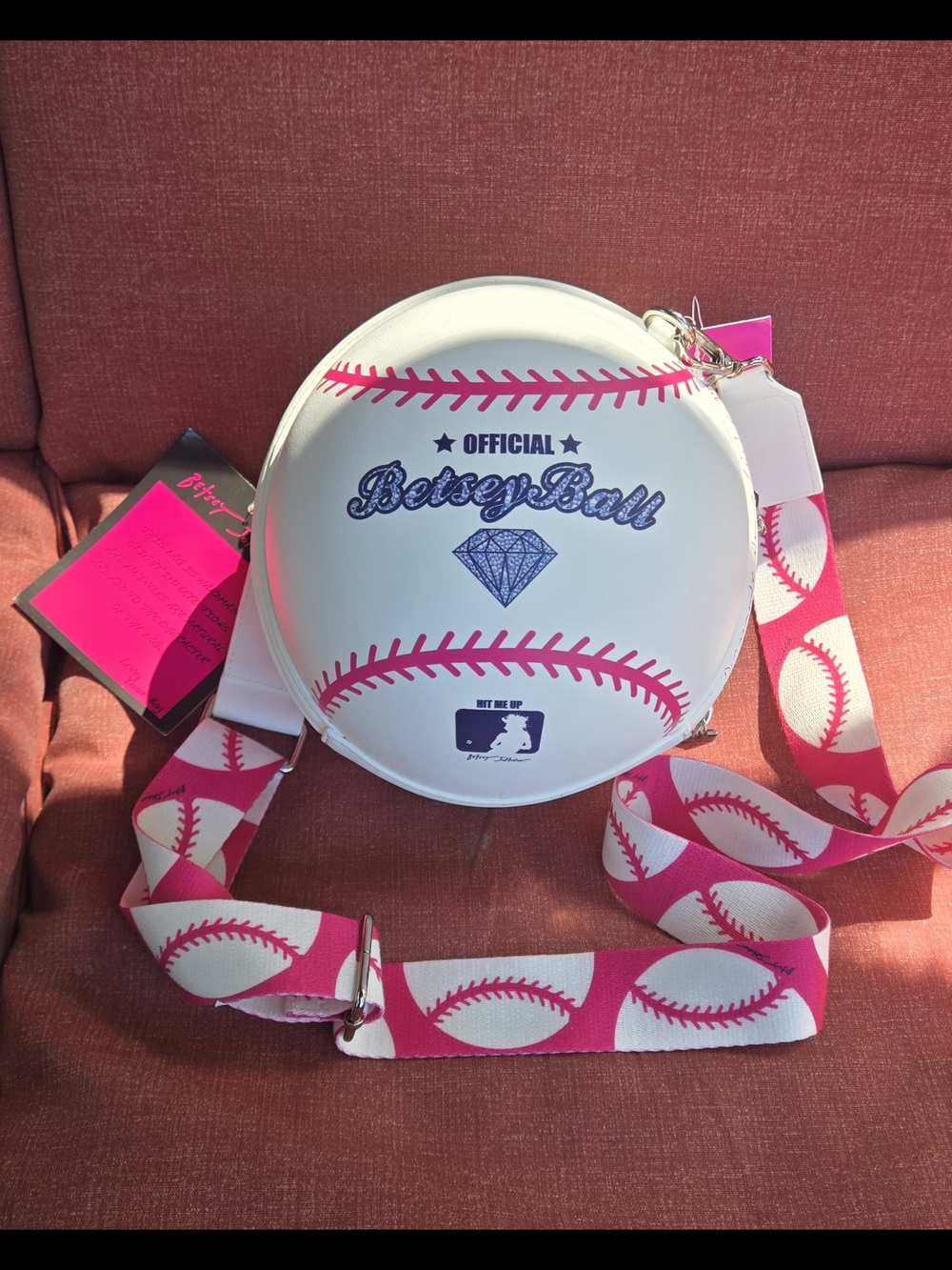Betsey Johnson Kitsch Hit Me Up White Large Baseball Crossbody Bag NWT